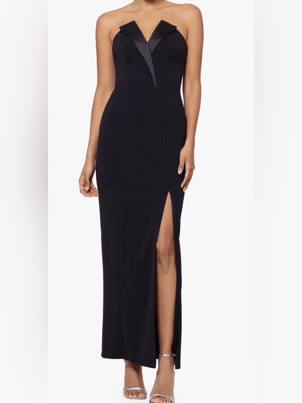 New Betsy And Adam Tux Detail Strapless Column Gown In Black Size 8 $239